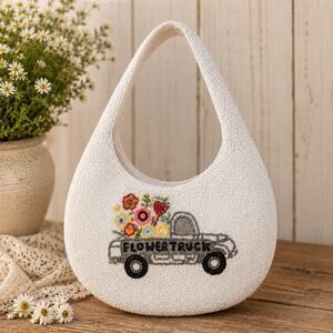 NWT Viral Hand Beaded Flower Truck Shoulder Bag White Floral India Cottagecore